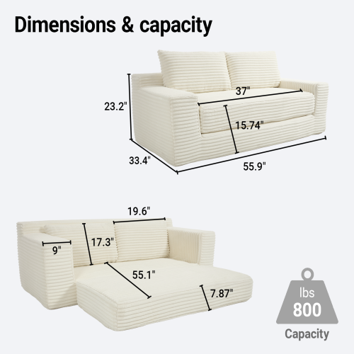 56-Inch Beige Corduroy Memory-Foam Compression Loveseat Sofa-Bed