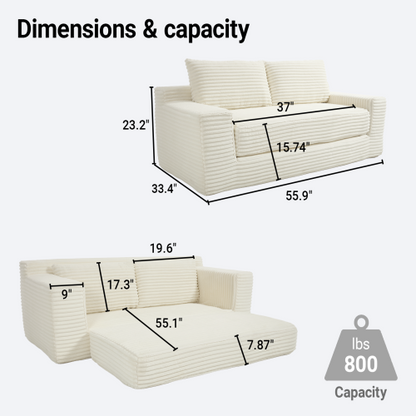 56-Inch Beige Corduroy Memory-Foam Compression Loveseat Sofa-Bed