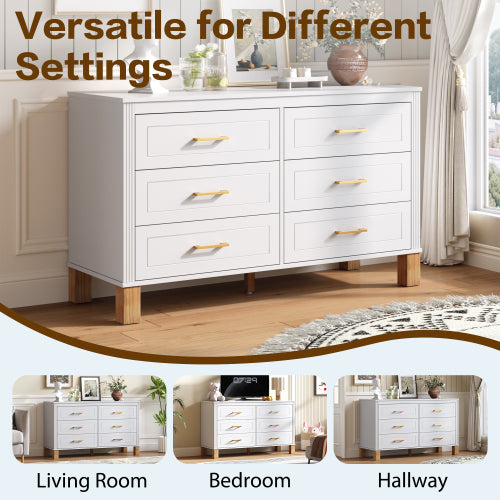 White 6 Drawer Double Dresser Modern Storage Cabinet with Metal Handles Solid Wood Legs