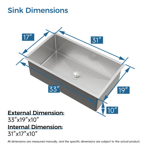 Stainless Steel Kitchen Sink, 33″x19″ Drop In Single Bowl, Undermount Handmade Sink in Brushed Nickel, with US Standard Drain and Hook