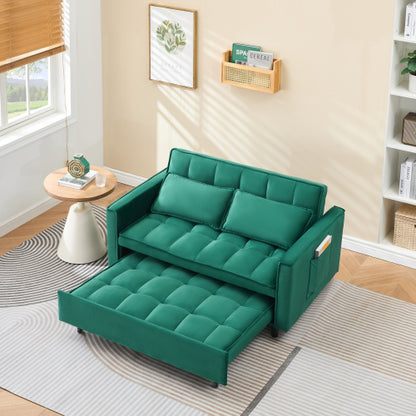 55-Inch Green Velvet 3-in-1 Convertible Sleeper Loveseat Sofa-Bed with Side Pockets for Living-Room Guest-Room