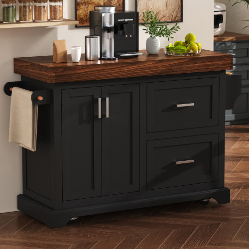 53 Inch Rolling Kitchen Island with Thick Top Drawers & Spice Rack Black