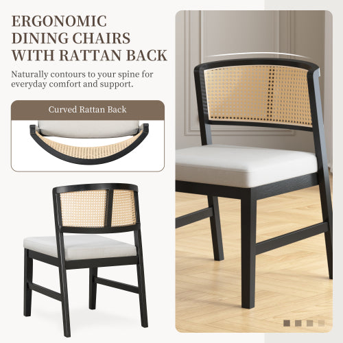 Set of 2 Rattan Dining Chairs with Upholstered Seat, Curved Rattan Back and Rubber Wood Frame, Black