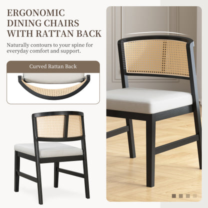 Set of 2 Rattan Dining Chairs with Upholstered Seat, Curved Rattan Back and Rubber Wood Frame, Black