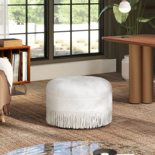 24 inch Round Upholstered Accent Ottoman, Almond White Chenille Round Foot Stool with Bullion Fringe