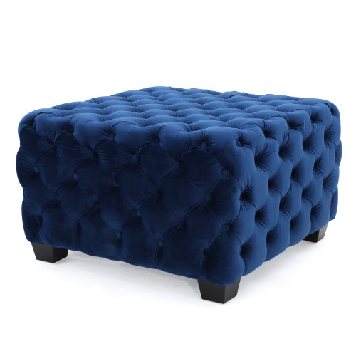 Navy Blue Velvet Button Tufted Ottoman, Diamond Stitch Modern Glam Accent Seat for Living Room