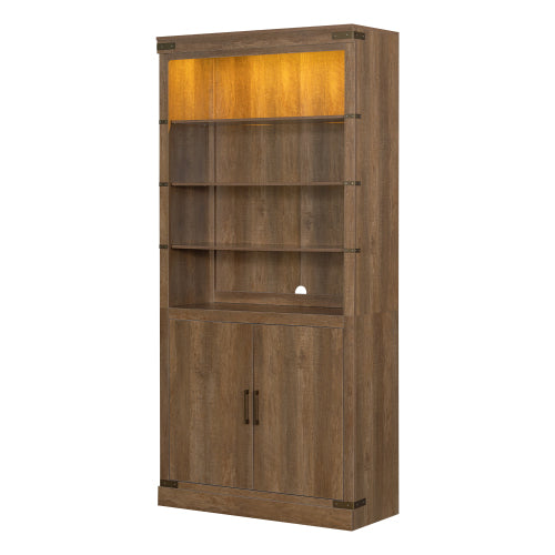83.4 Inch Tall Walnut Farmhouse Bookshelf with LED Light & Adjustable Shelves Closed Storage Cabinet