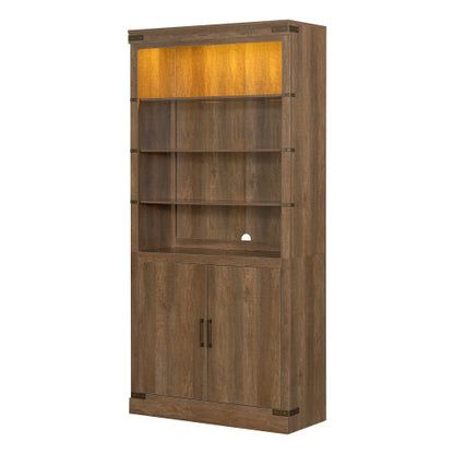 83.4 Inch Tall Walnut Farmhouse Bookshelf with LED Light & Adjustable Shelves Closed Storage Cabinet