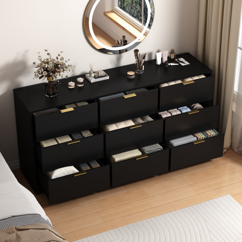 Black 9 Drawer Dresser, 63" Large Deep Chest of Drawers, Wooden Dresser Storage Cabinet with 9 Drawers for Bedroom, Long Dressers for Living Room, Hallway