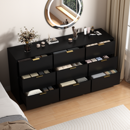 Black 9 Drawer Dresser, 63" Large Deep Chest of Drawers, Wooden Dresser Storage Cabinet with 9 Drawers for Bedroom, Long Dressers for Living Room, Hallway