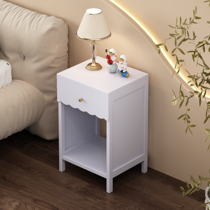 Modern  Nightstand with Drawer and Open Shelf,Scalloped Edge Bedside Table for Bedroom, Cute Minimalist Side Table for Kids Room or Girls' Room,Light Purple