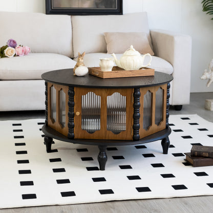31.5inch  Black & Walnut Vintage Storage Coffee Table with Glass Doors