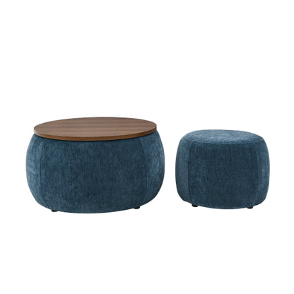 Dark Blue Round Pleated Fabric Storage Ottoman, Includes Matching Small Stool, 250 LBS Load Capacity, 25 inch x25 inch x14.7 inch