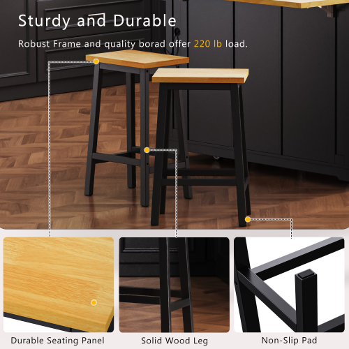 Solid Wood Bar Stools (Not Cheap Iron), 25.6inch Tall Set of 2 Bar Chairs, Kitchen Counter Stools with Footrests, Farmhouse Stools for Dining Room, Kitchen, Counter, Black