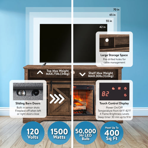 60 Inch Electric Fireplace Entertainment Center With Door Sensor-Reclaimed Barnwood Color