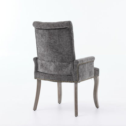 Upholstered Chenille Arm Dining Chair, Tufted Accent Chair with Curved Solid Wood Legs, Gray, Single Pack