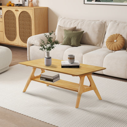 Mid Century Modern Wood Coffee Table with Storage Shelf MDF Veneer Rubberwood Base