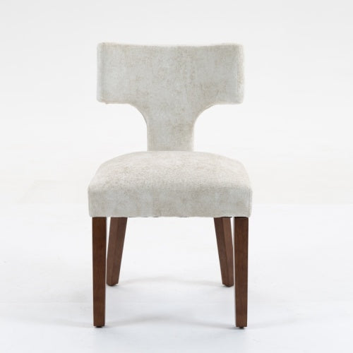 Set of 2 Beige Chenille Mid Century Dining Chairs, Wood Frame Upholstered Accent Chairs