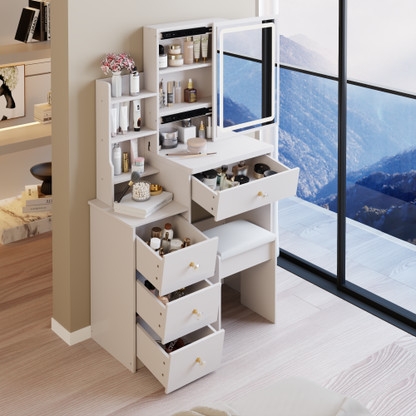 29.2inch  Small Size Left Bedside Cabinet LED Mirror Vanity Table + Cushioned Stool, Large Sliding, Touch Control, 3-color Switch, Brightness Adjust Mirror, High Capacity Storage, EPA, GCC, UL Certificate