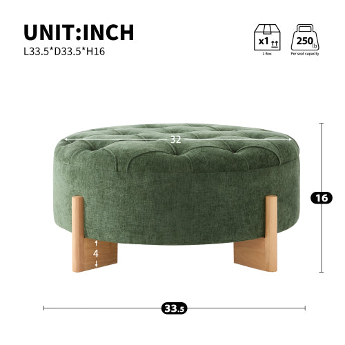 Green Round Chenille Tufted Ottoman, 32 Inch Button Tuft Footrest with L-Shaped Rubberwood Legs, 250 LBS Capacity