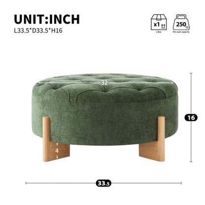 Green Round Chenille Tufted Ottoman, 32 Inch Button Tuft Footrest with L-Shaped Rubberwood Legs, 250 LBS Capacity