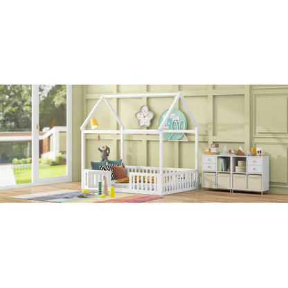 Full Size Wood House Bed with Fence and Door, White
