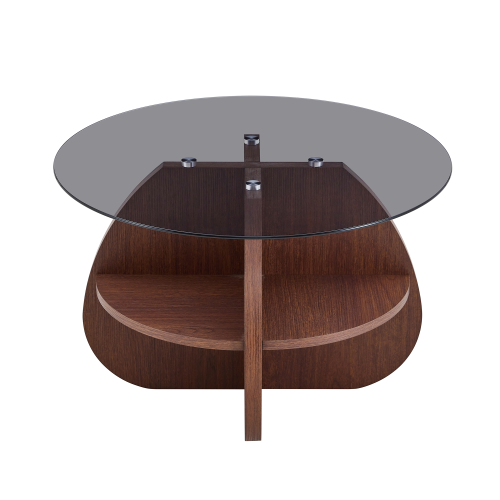 29.5inch  Round Cross-Structure Glass Coffee Table, Walnut Fan-Shaped Storage Base