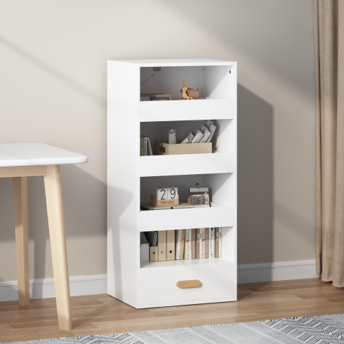 4-Tier Bookshelf with Sliding Drawers and Bottom Drawer
