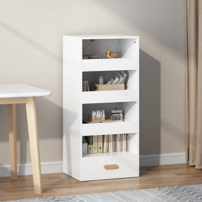 4-Tier Bookshelf with Sliding Drawers and Bottom Drawer
