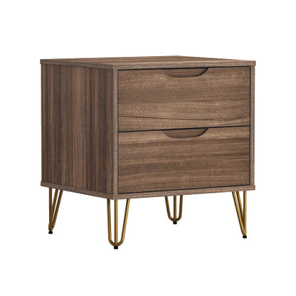 Brown Modern Nightstand, 2 Drawers & Metal Legs