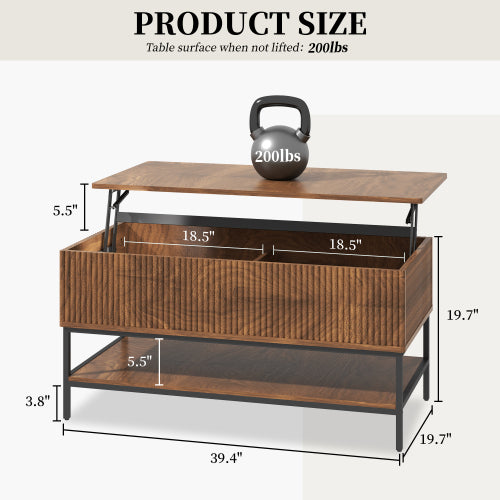 39.4 Inch Farmhouse Lift Top Coffee Table with Storage, Rustic Brown