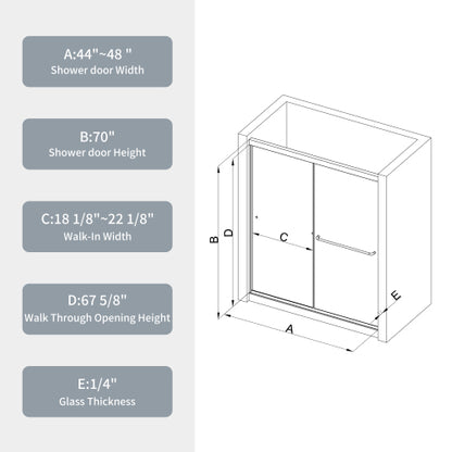 Bypass shower door, sliding door, with 1/4" tempered glass and Chromed finish 44-48"x70"