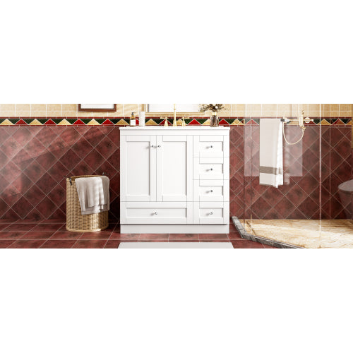 36 inch Shaker Style Free-Standing Bathroom Vanity Cabinet with Ceramic Sink, 4 Soft-close Drawers and 2 Soft-close doors