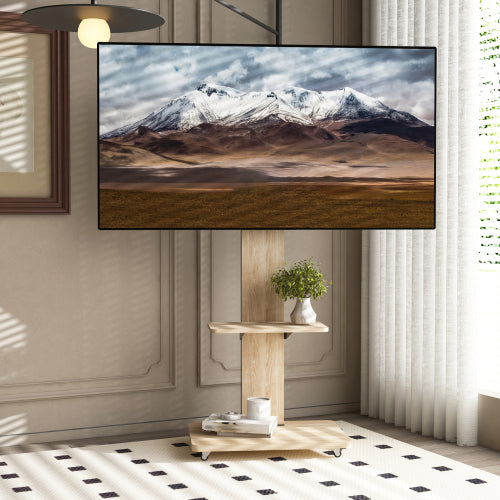 Natural Mobile TV Cart with Lockable Wheels, Height Adjustable Floor TV Stand for 32-75 Inch TV