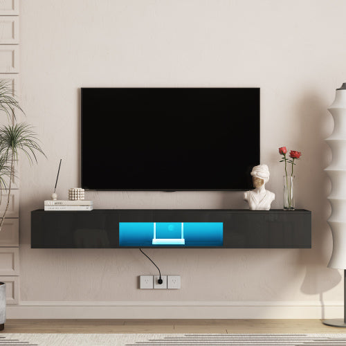 Black Floating TV Stand with 16 Color LED Lights and Storage