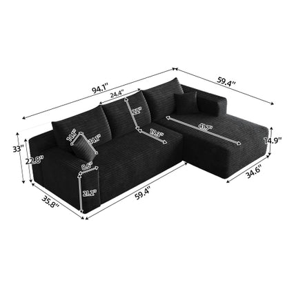 95 inch  Black Plush Corduroy U-Shaped Cloud Modular Corner Sofa, No Assembly