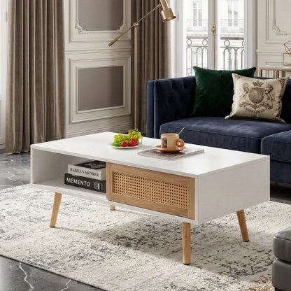 Rattan Coffee Table Sliding Door Storage Wood Leg White Modern Living Room Table