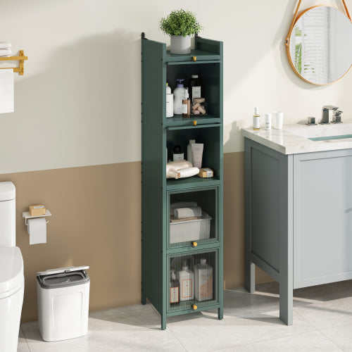 Dark Green Modern 5-Tier Storage Cabinet Iron Frame Fluted Glass Door Sideboard For Entryway Bathroom
