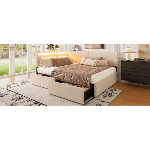 Twin Size Boucle Bed Frame, Upholstered Cloud Bed Frame with Headboard, with 2 Storage Drawers, LED light and USB Charging Design, Solid Wood Legs and Slats, No Box Spring Needed, Beige