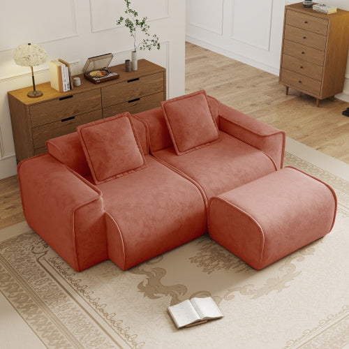 Red Velvet L-Shape 2-Seat Modular Boneless Sofa,Ottoman & Throw Pillows