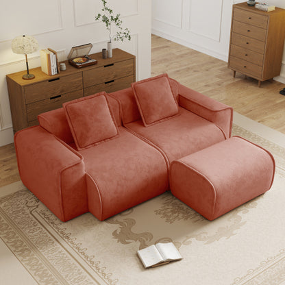 Red Velvet L-Shape 2-Seat Modular Boneless Sofa,Ottoman & Throw Pillows