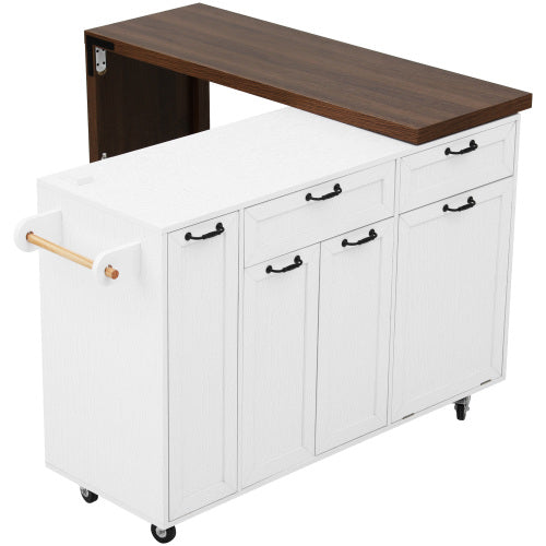 102 Inch Kitchen Island with Extendable Dining Table & Trash Storage White