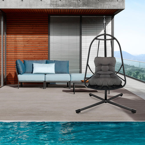 Swing Egg Chair with Stand Indoor Outdoor Wicker Rattan Patio Basket Hanging Chair with C Type bracket , with cushion and pillow,