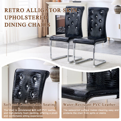 Set of 2 Retro Faux Alligator Skin Dining Chairs, PVC Leather Chairs with Crystal Buckle & Electroplated Metal Legs