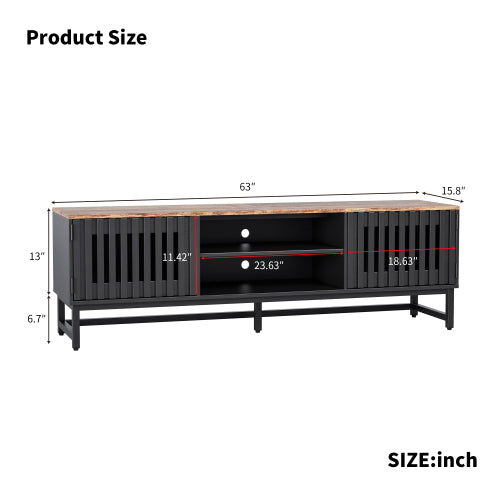 63 Inch Black MDF TV Stand Slatted Grille Doors Media Console Holds 60 Inch TV