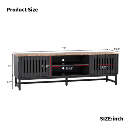 63 Inch Black MDF TV Stand Slatted Grille Doors Media Console Holds 60 Inch TV