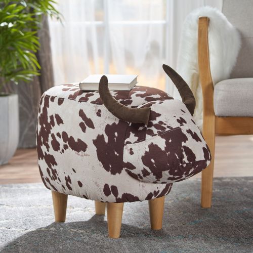 Brown & White Cow Shaped Animal Ottoman, Fabric Accent Footstool with Velvet Horns and Birch Wood Legs for Home Decor