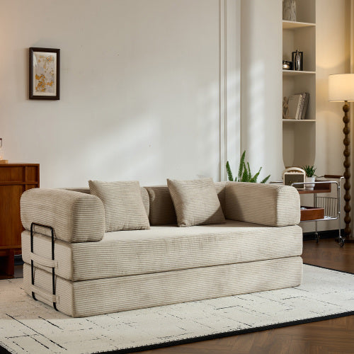 Beige Corduroy Convertible Sleeper Sofa Bed with Cylindrical Pillow