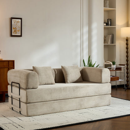 Beige Corduroy Convertible Sleeper Sofa Bed with Cylindrical Pillow