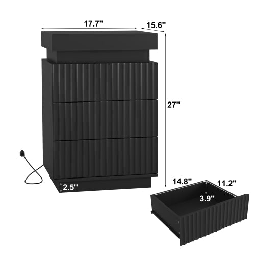 2 Pack Black Nightstand, Sliding Top Charging Station & RGB LED Fluted Drawers